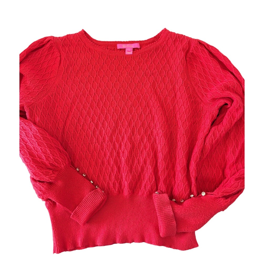 Lilly Pulitzer Red Honeycomb Knit Puff Sleeve Button Cuff Sweater 007002 Large - Picture 8 of 10